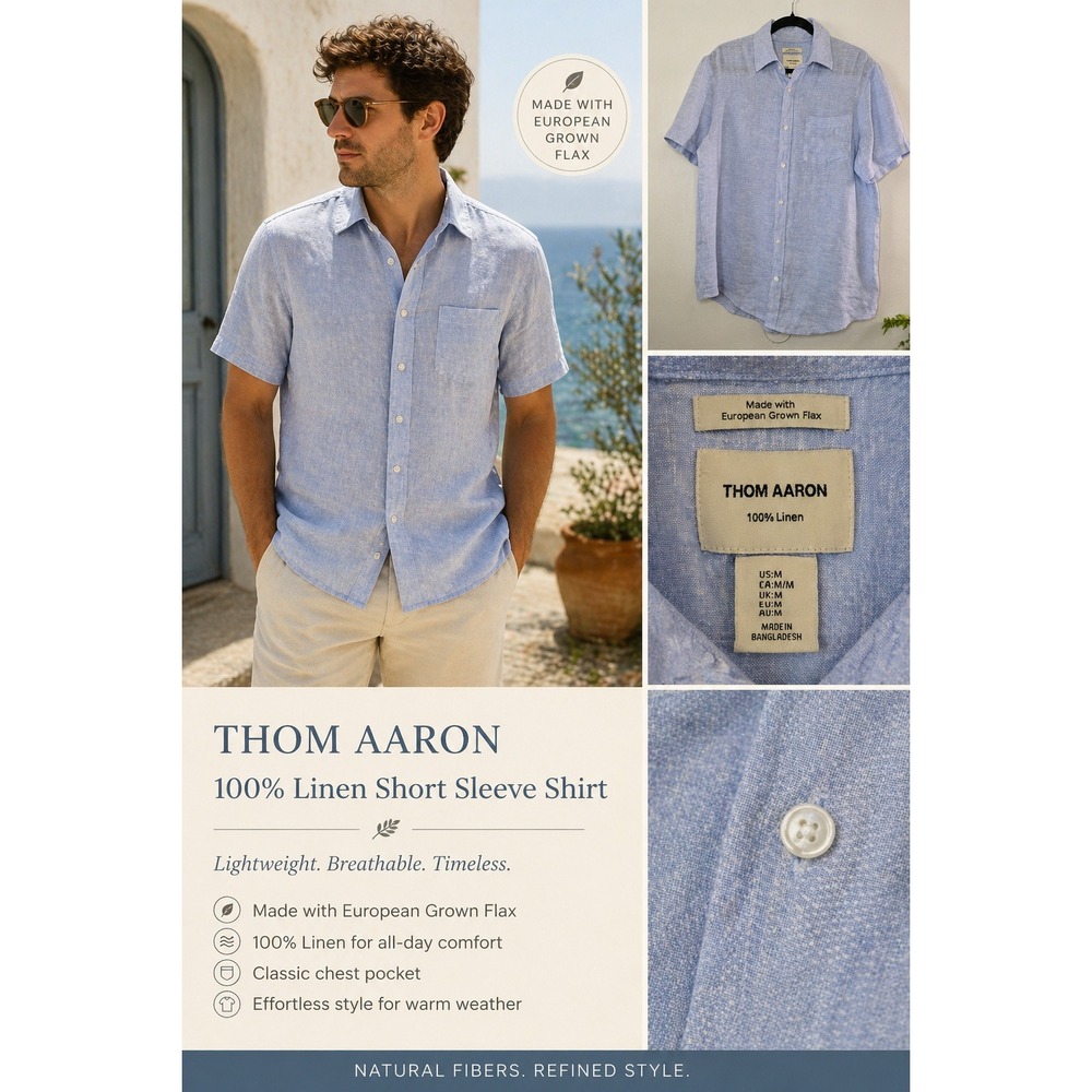 Thom Aaron 100% Linen Short Sleeve Button Down Shirt Blue Medium Coastal Summer